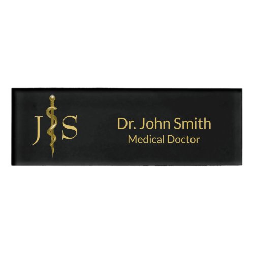 Classy Medical Rod of Asclepius Gold on Black Name Tag