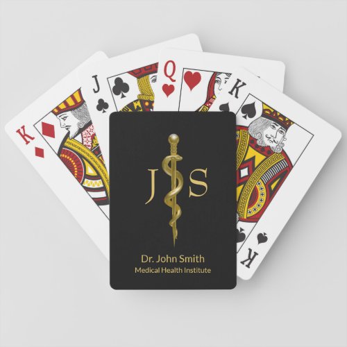 Classy Medical Rod of Asclepius Gold on Black Playing Cards