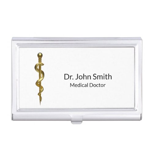 Classy Medical Rod of Asclepius Gold on White Business Card Case