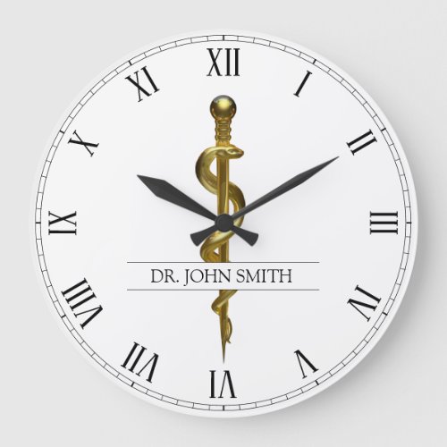 Classy Medical Rod of Asclepius Gold on White Large Clock