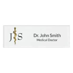 Classy Medical Rod of Asclepius Gold on White Name Tag