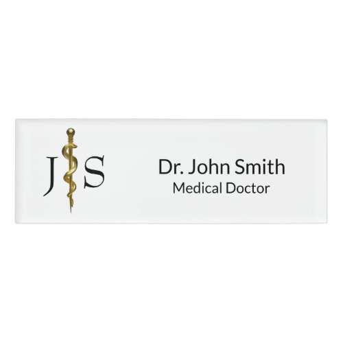 Classy Medical Rod of Asclepius Gold on White Name Tag