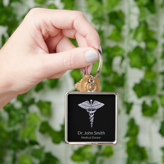 Classy Medical Silver Caduceus on Black Keychain (Hand)