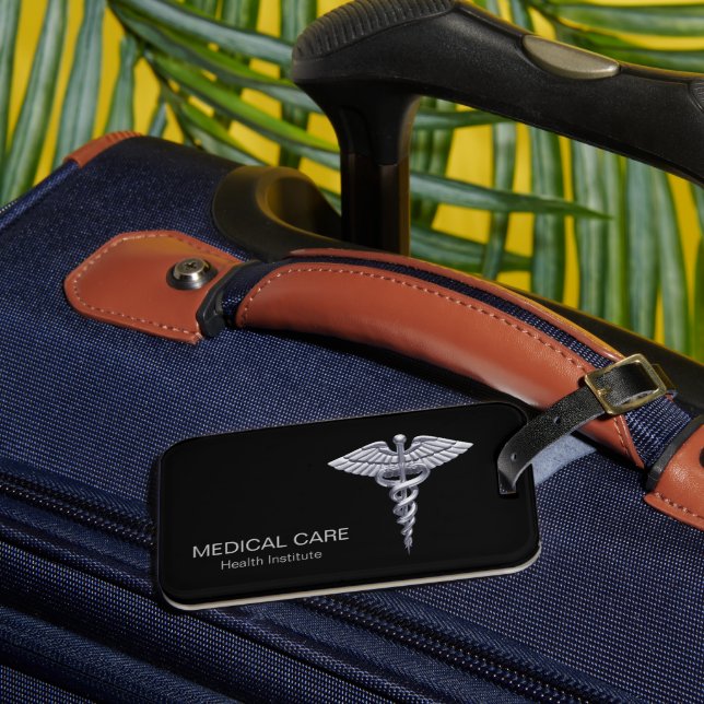 Classy Medical Silver Caduceus on Black Luggage Tag (Front Insitu 3)