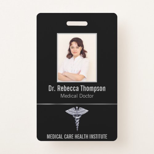 Classy Medical Silver Caduceus on Black Photo ID Badge