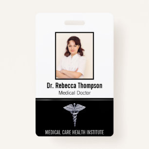Classy Medical Silver Caduceus on Black Photo ID Badge
