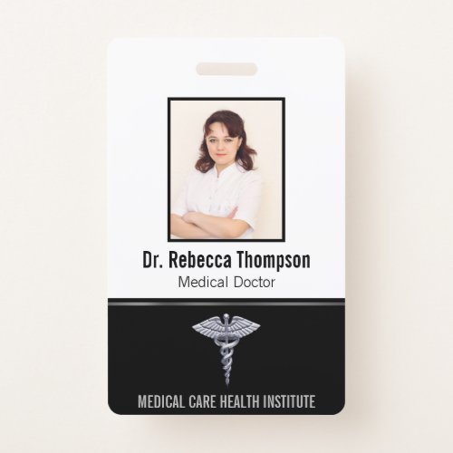 Classy Medical Silver Caduceus on Black Photo ID Badge