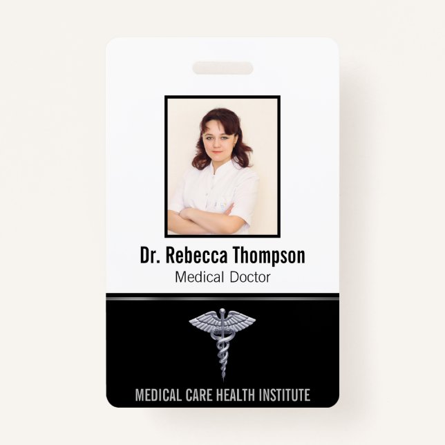 Classy Medical Silver Caduceus on Black Photo ID Badge (Front)