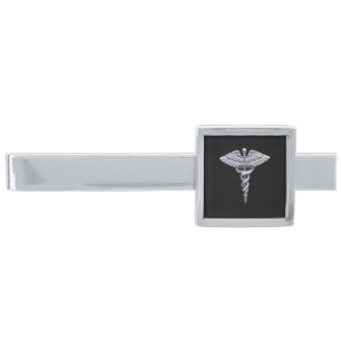 Classy Medical Silver Caduceus on Black Silver Finish Tie Bar