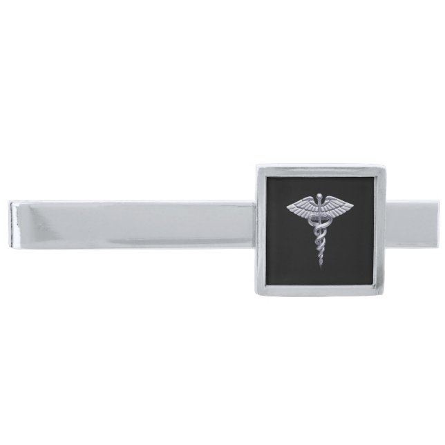Classy Medical Silver Caduceus on Black Silver Finish Tie Bar (Front)