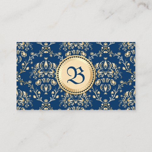 Classy Medieval Monogram Gold Midnight Blue Damask Business Card