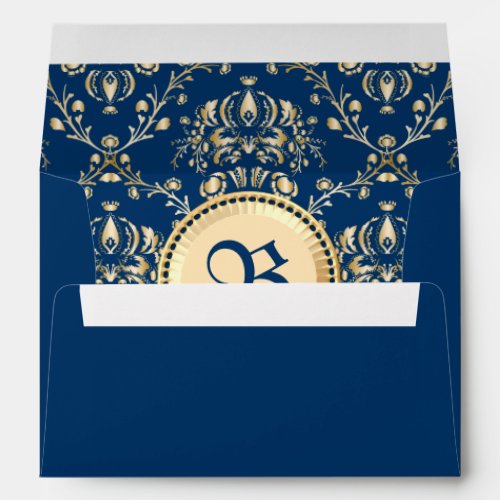 Classy Medieval Monogram Gold Midnight Blue Damask Envelope