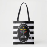 Classy Menorah Shabbat Shalom Tote Bag<br><div class="desc">This attractive tote features a colorful menorah in an oval over bold black and white stripes.  Tote back has coordinated black and white stripes.  ~ karyn</div>