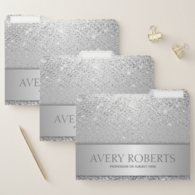 Classy  metallic silver glitter file folder (Set)