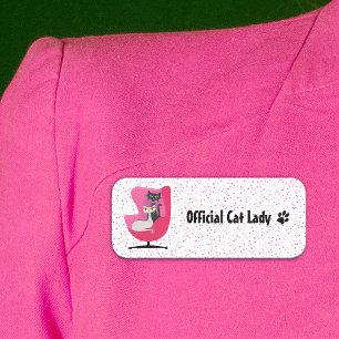 Classy Mid Century Cats in Pink Chair Polka Dots Name Tag