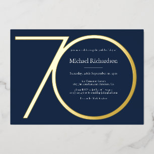 Classy Minimal Gold and Navy Blue 70th Birthday Foil Invitation