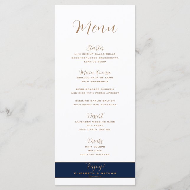 Classy Minimalist Gold Navy Blue Wedding Menu (Front)