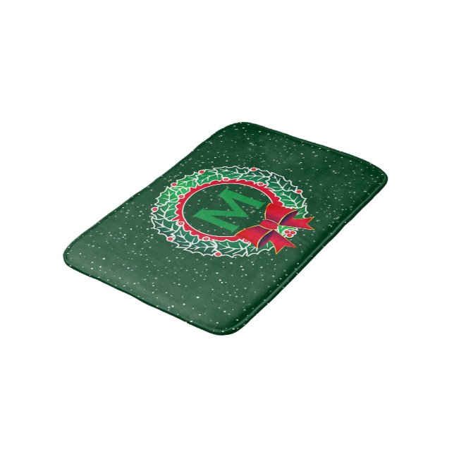 Classy Minimalist Monogram with Wreath on GREEN Bath Mat (Angled)