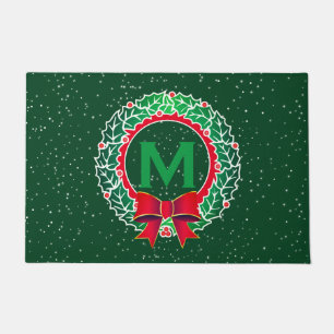 Classy Minimalist Monogram with Wreath on GREEN Do Doormat