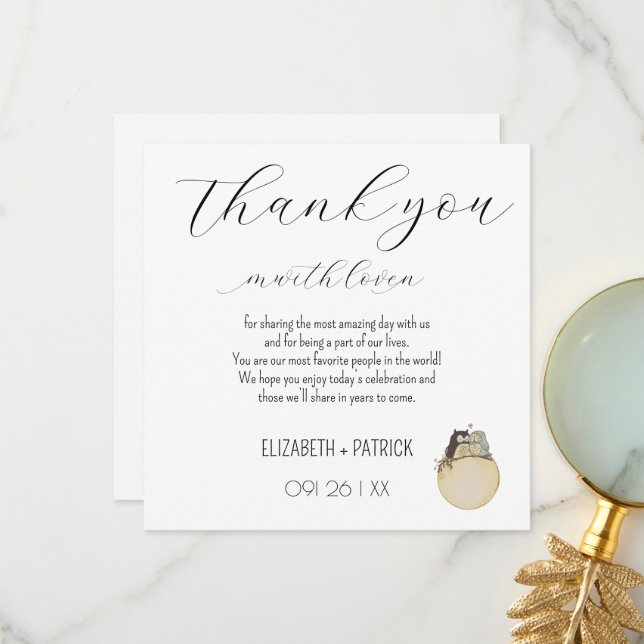 Classy minimalist ,owls in love  thank you card (Front/Back In Situ)