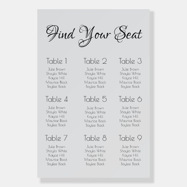 Classy Minimalist Wedding Seating Chart Foam Board (Front)