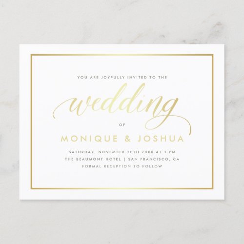 Classy Minimalist White  Gold Wedding Invitation Postcard
