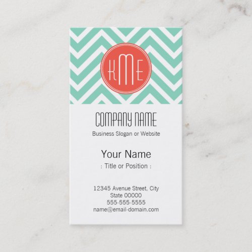 Classy Mint Green Chevron and Orange Monogram Business Card Template