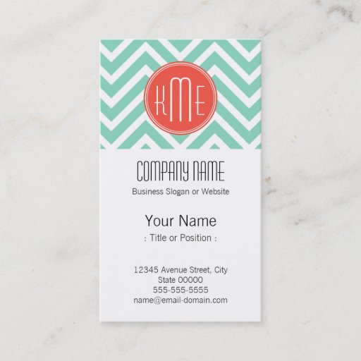 Customizable Classy Mint Green Chevron and Orange Monogram Business Card Template