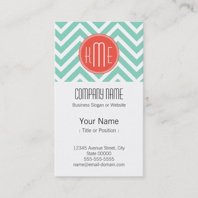 Classy Mint Green Chevron and Orange Monogram Business Card (Front)