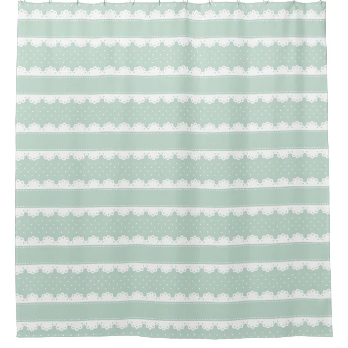 Classy Mint Green White Lace Striped, Mint Shower Curtain