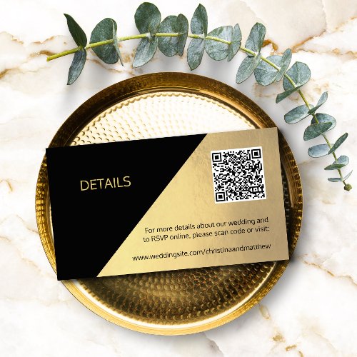 Classy Modern Black  Gold DETAILS QR code Wedding Enclosure Card