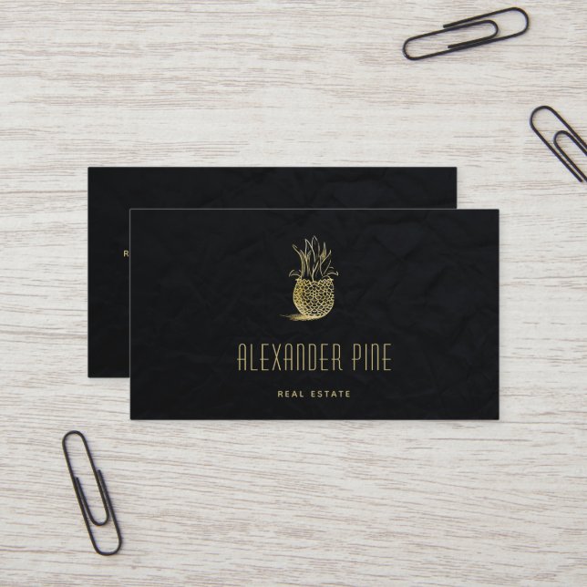 Classy Modern Black Gold Pineapple Real Estate Business Card (Front/Back In Situ)