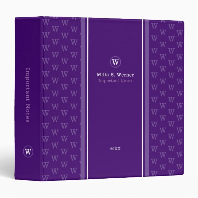 Classy Modern Monogram Important Notes Purple 3 Ring Binder (Front/Spine)