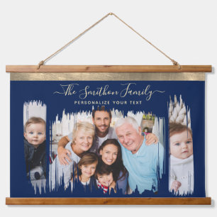 Classy Modern Navy Blue Gold Add Your Photo Family Hanging Tapestry