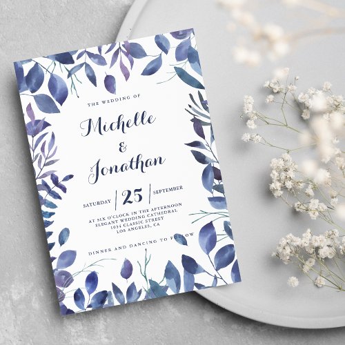 Classy modern navy blue lavender foliage wedding invitation
