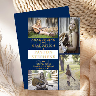 Classy Modern Photo Blue White Graduation Gold Foil Invitation