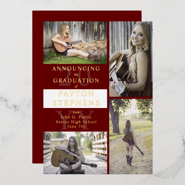 Classy Modern Photo Maroon | White Graduation Gold Foil Invitation (Front/Back)