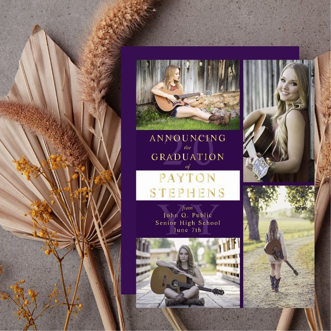 Classy Modern Photo Purple | White Graduation Gold Foil Invitation (Elegant and Classy Modern Four Photo Collage Purple and White Gold Foil Graduation Announcement)
