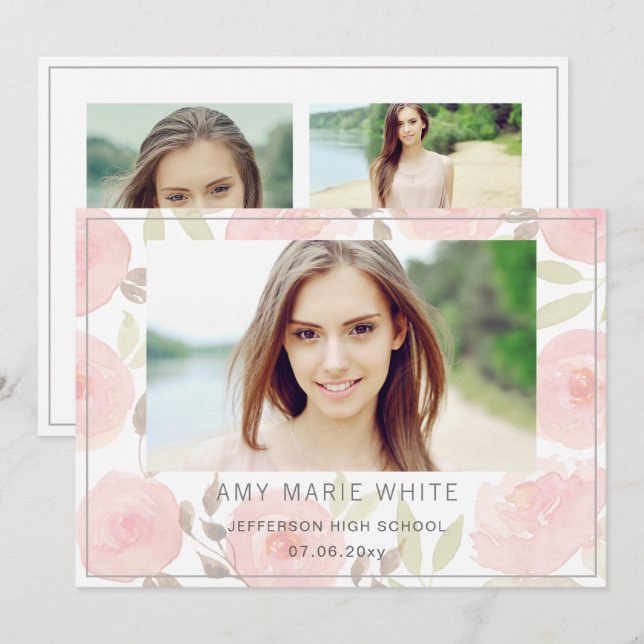 Classy Modern Pink Floral Photo Graduation Invitation (Front/Back)