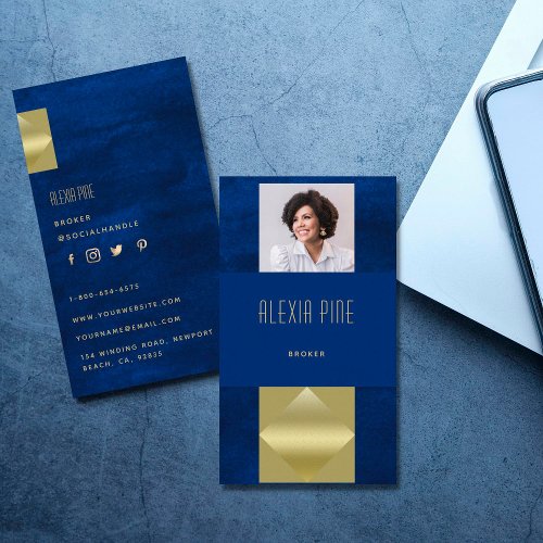 Classy Modern Professional Navy Blue Gold Photo Business Card