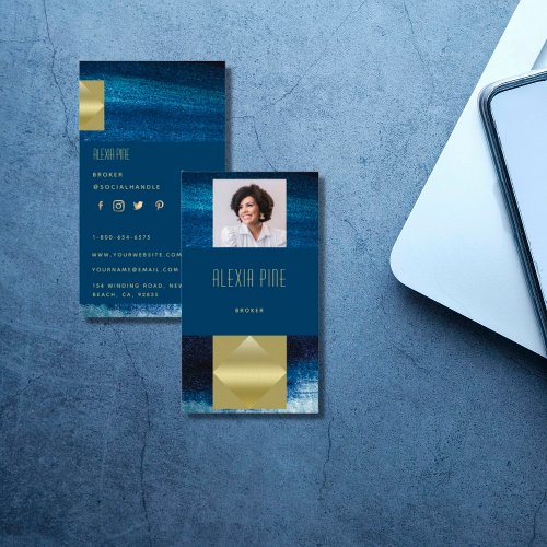 Classy Modern Professional Ocean Blue Gold Photo Business Card