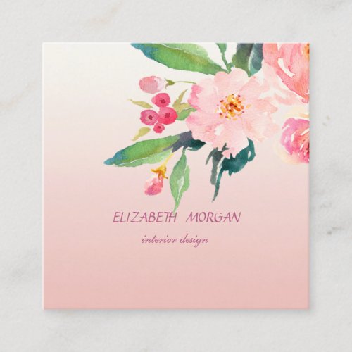 Classy Modern  Romantic Watercolor Floral Square Business Card