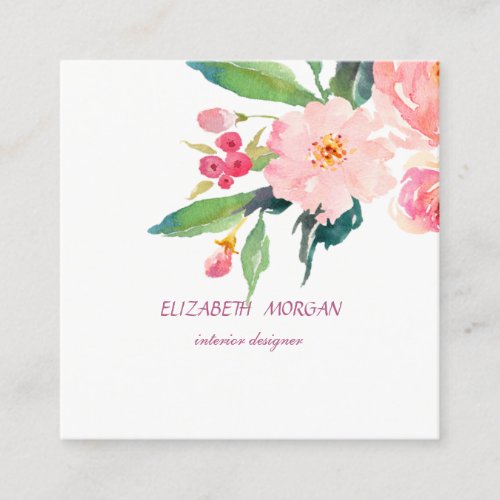 Classy Modern  Romantic Watercolor FloralWhite Square Business Card