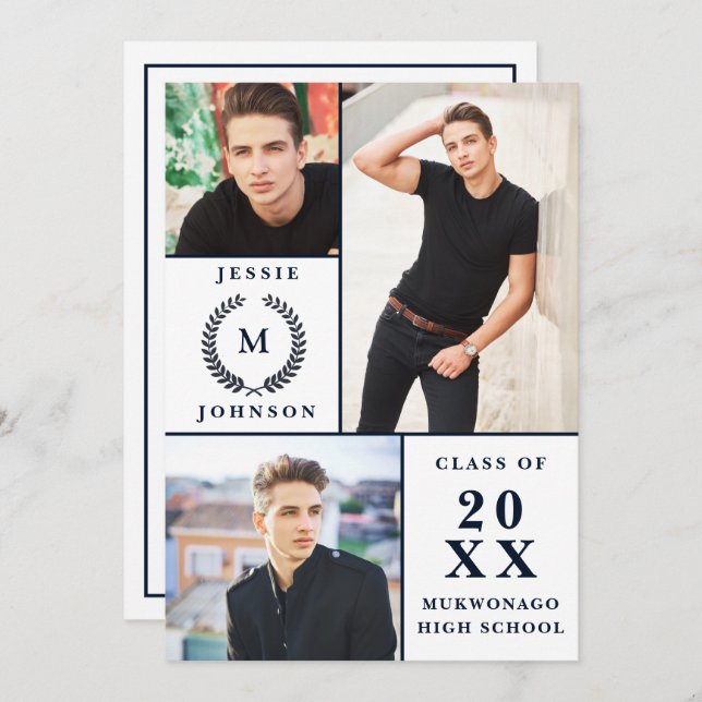 Classy Modern Script 3 PHOTO Graduation Party Invitation (Front/Back)
