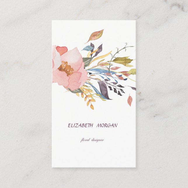 Classy Modern Watercolor Floral,White Business Card (Front)