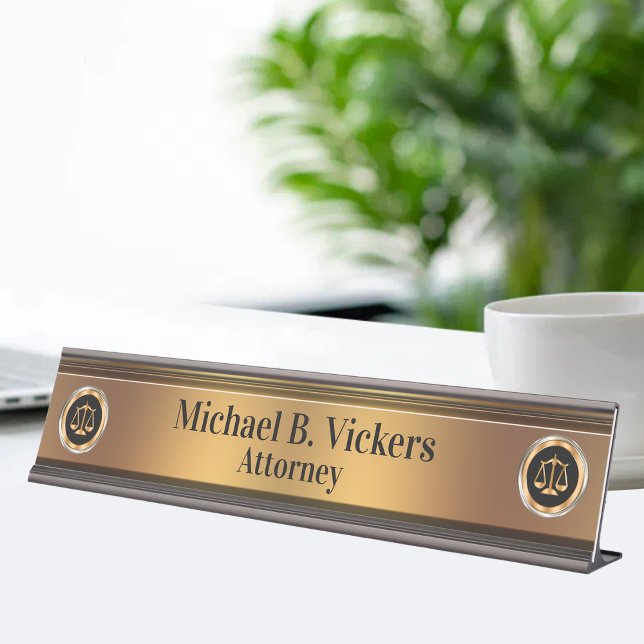 Classy Monogram Attorney Gold Law Scale Emblems Desk Name Plate (Creator Uploaded)