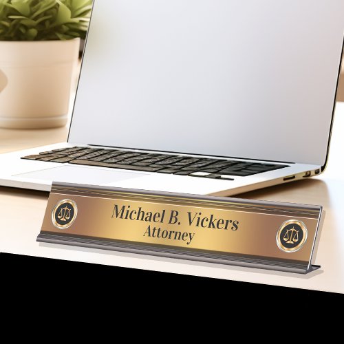 Classy Monogram Attorney Gold Law Scale Emblems Desk Name Plate