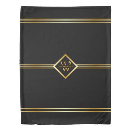 Classy Monogram Black and Gold Stripes on BLACK Duvet Cover