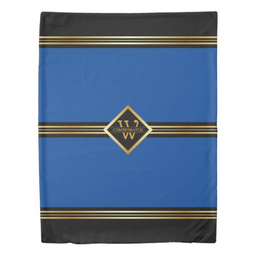 Classy Monogram Black and Gold Stripes on BLUE Duvet Cover