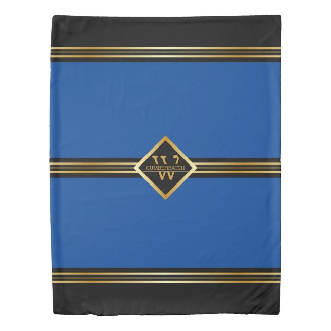 Classy Monogram Black and Gold Stripes on BLUE Duvet Cover (Front)